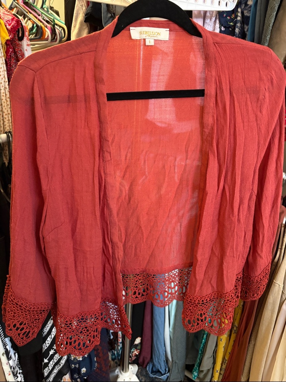 Rebellion Coral-Red Crochet-Hem Open Cardigan